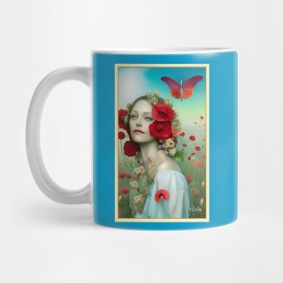 Pop surrealist painting of a pretty girl with poppy flowers Mug